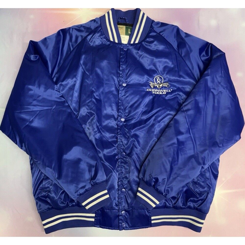 Vintage 80s/90s Blue Satin Nylon Bomber Jacket Large WearGuard Cornwell Tools
